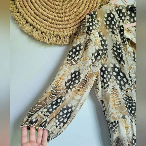 Etcetera, Silk Taupe Feather Print Button Front Peasant Blouse Top, Size 12 - Picture 4 of 8